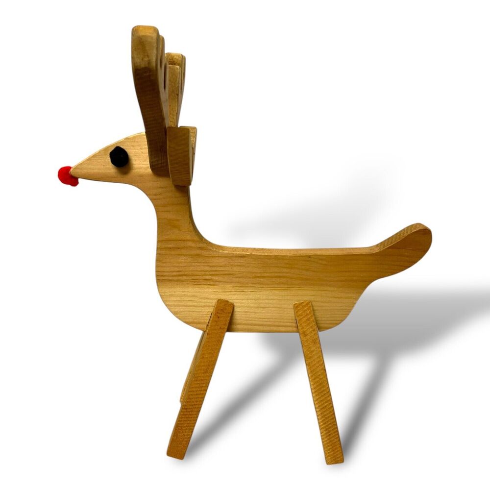 MCM Handmade Wooden Reindeer Rudolph Pom Eyes 16” Puzzle Statue‎ Kitsch Atomic